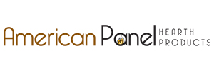 Logo of American Panel Hearth Products featuring stylized text with a flame icon inside the letter "o" in "Panel".
