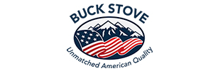 Logo of Buck Stove featuring an American flag waving in front of mountain peaks, with the tagline “Unmatched American Quality” below.