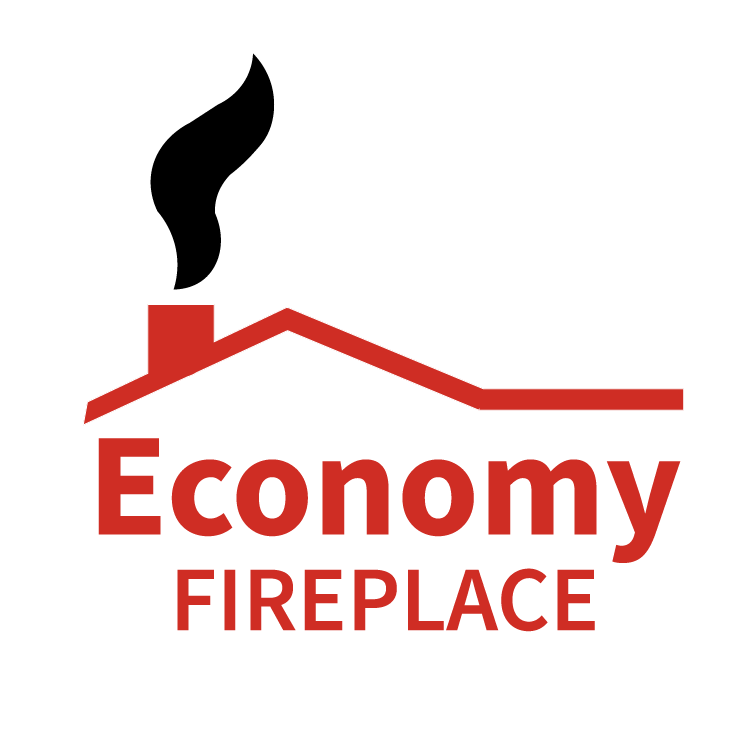 Logo for Economy Fireplace featuring a stylized red house roof with a chimney and black smoke, with the brand name in bold red text.