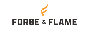 Logo of Forge & Flame with bold black text and a stylized orange flame icon forming the letter “F” above the name.