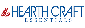 Logo of Hearth Craft Essentials with blue uppercase text and a red stylized flame icon on the left.