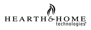 Logo of Hearth & Home Technologies featuring elegant serif text with a stylized flame icon integrated above the ampersand.