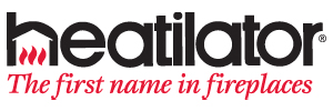 Logo of Heatilator with bold black text, a house-shaped “h” icon containing red flames, and the tagline “The first name in fireplaces” in red script.