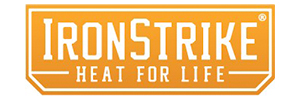 Logo of IronStrike featuring bold white text on an orange badge design with the tagline “Heat for Life” below the brand name.