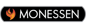 Logo of Monessen with modern white text on a black background and a stylized red-orange flame icon on the left.