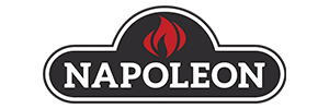 Logo of Napoleon with bold white text inside a black badge shape, topped by a red flame icon.