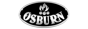 Logo of Osburn featuring stylized metallic silver text within a black oval, topped with a flame icon and three glowing embers.