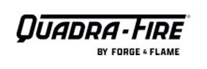 Logo of Quadra-Fire by Forge & Flame with bold italicized black text and horizontal lines above and below the brand name.