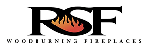 Logo of RSF Woodburning Fireplaces featuring bold black letters with a stylized flame inside the letter "S".