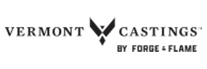 Logo of Vermont Castings by Forge & Flame, featuring stylized black text with a bold flame-inspired emblem between the words “Vermont” and “Castings”.
