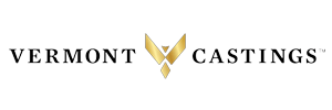 Logo of Vermont Castings by Forge & Flame, featuring stylized black text with a bold flame-inspired emblem between the words “Vermont” and “Castings”.