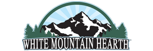 Logo of White Mountain Hearth featuring a mountain landscape with pine trees and sunrise rays behind bold serif text.