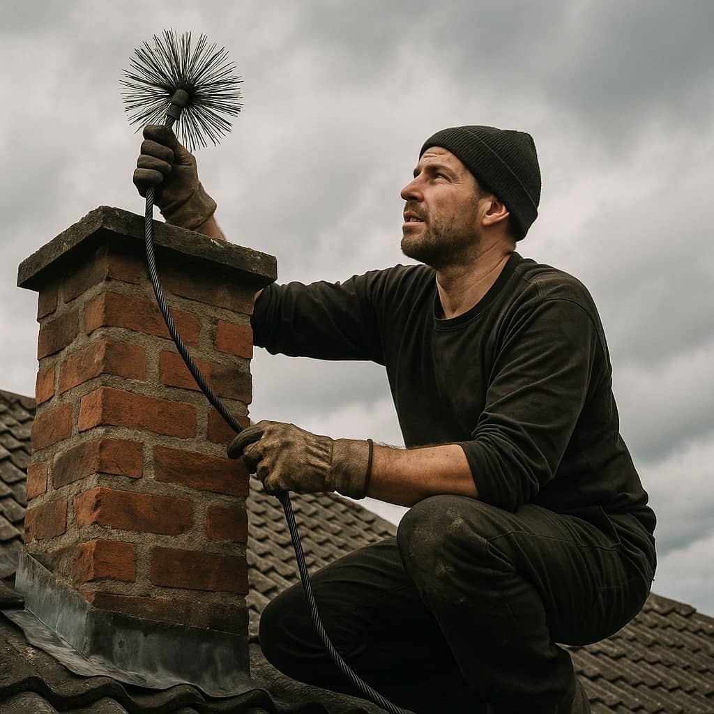 Chimney sweep in dark clothing cleaning a brick chimney on a tiled rooftop using a rotary brush under a cloudy sky.