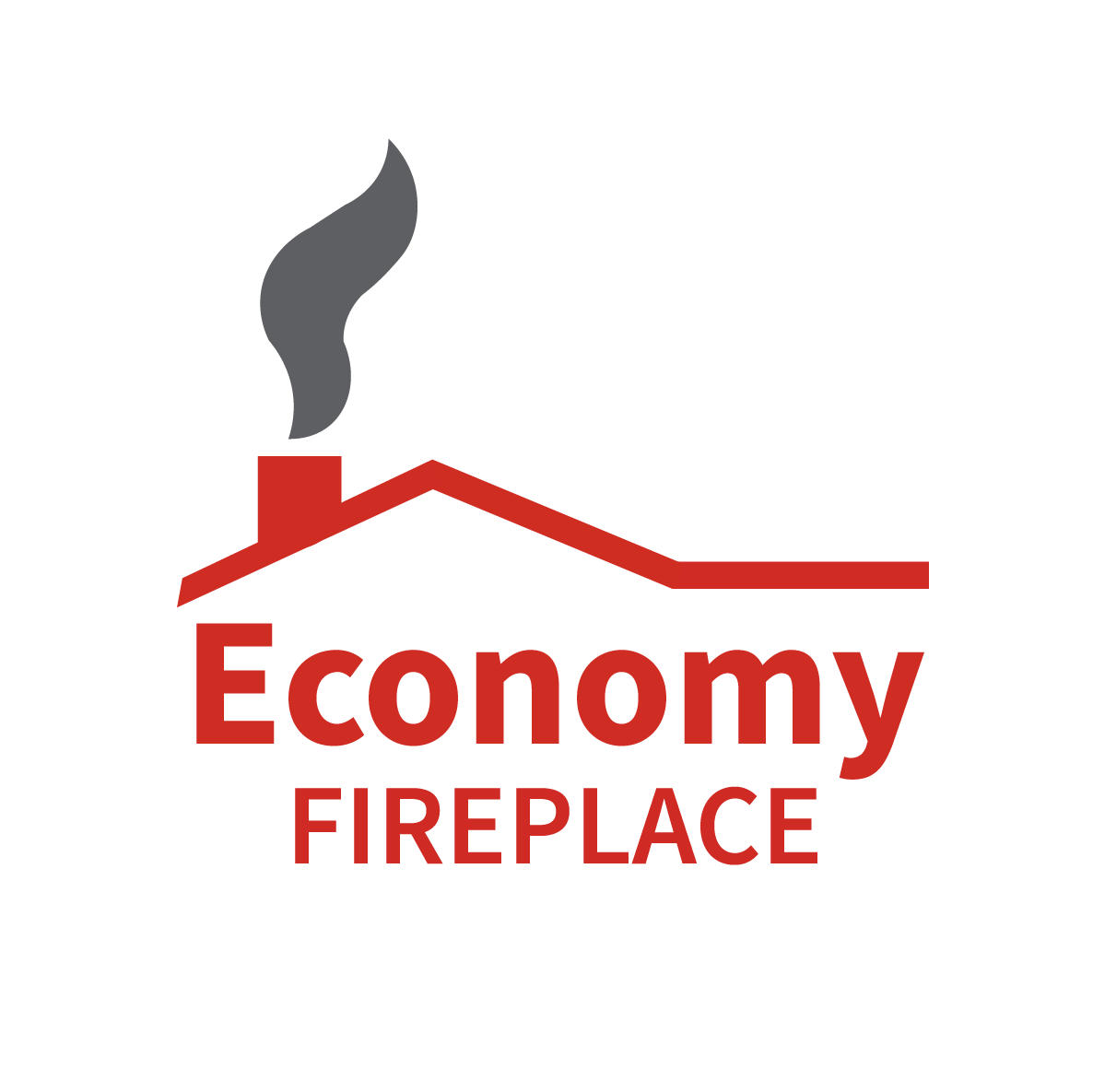Logo for Economy Fireplace featuring a red rooftop outline with a chimney emitting dark gray smoke above the brand name in bold red letters.