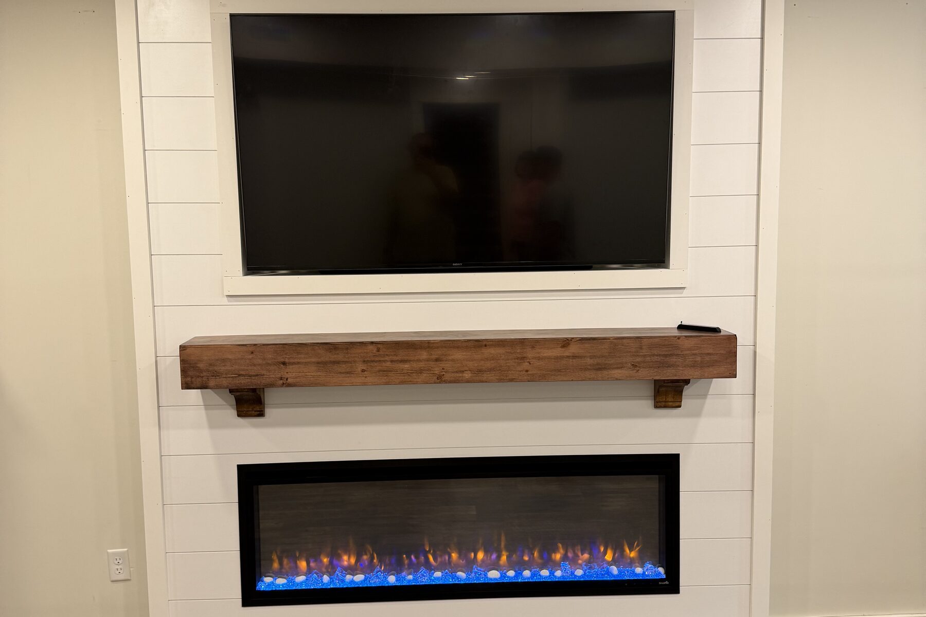 SimpliFire 60-Inch Linear Fireplace Remodel With Shiplap and Wood Mantel