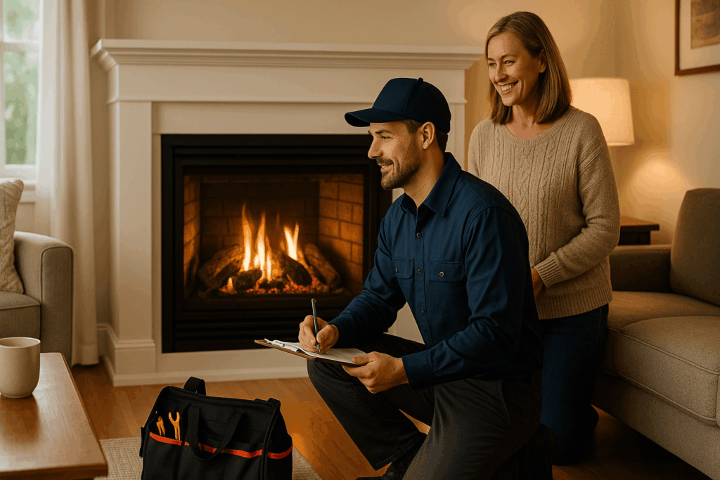 Certified fireplace technician kneeling beside a glowing gas fireplace in a cozy living room, with a smiling homeowner nearby and service tools on the floor