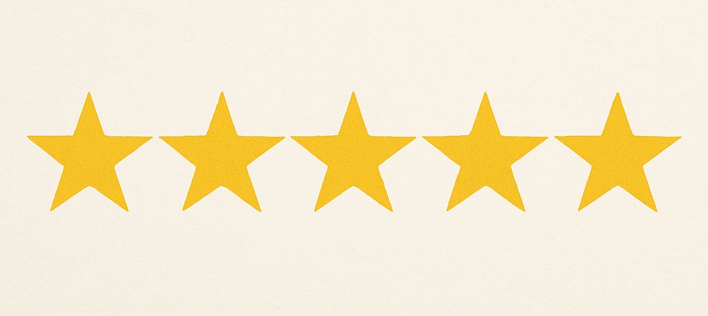 Five gold stars aligned horizontally on a neutral textured background, symbolizing a perfect five-star rating.
