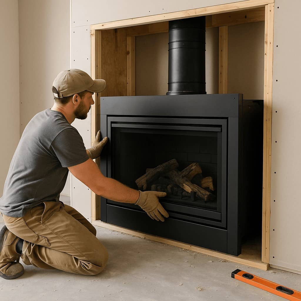 Contractor installing a modern black gas fireplace insert into a partially framed wall during a home renovation.