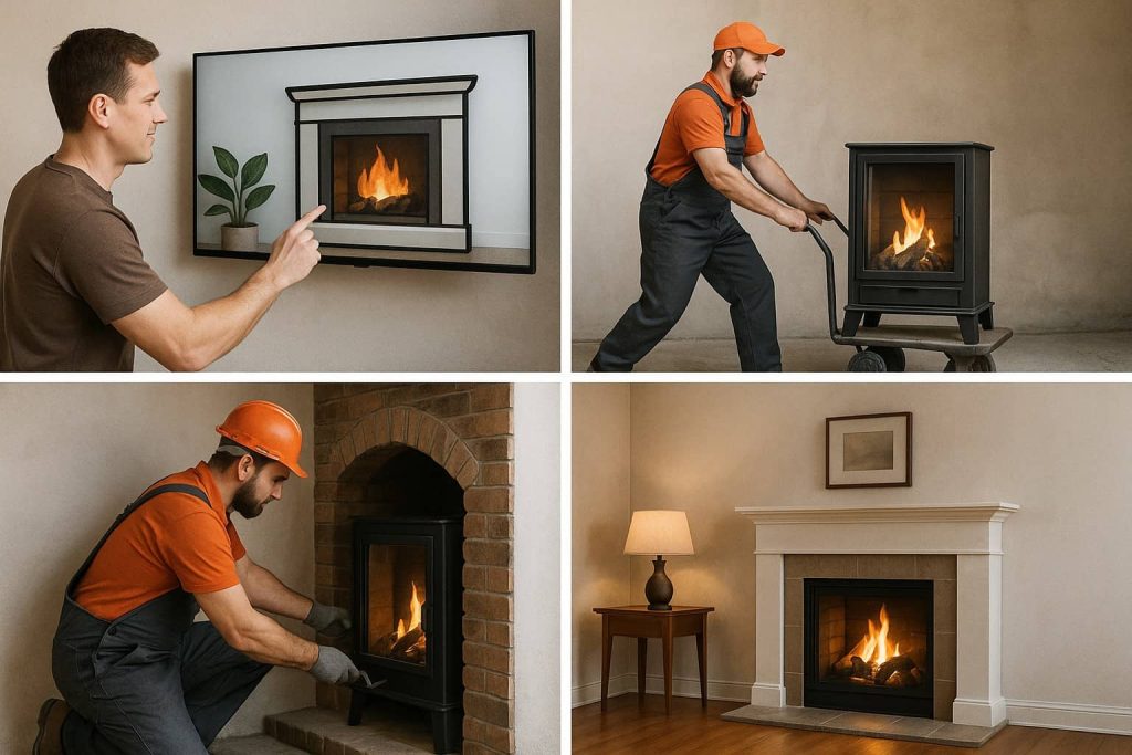 Four-step installation process of a gas fireplace: selecting design on screen, delivery by worker, installation into brick wall, and final setup in a furnished room.