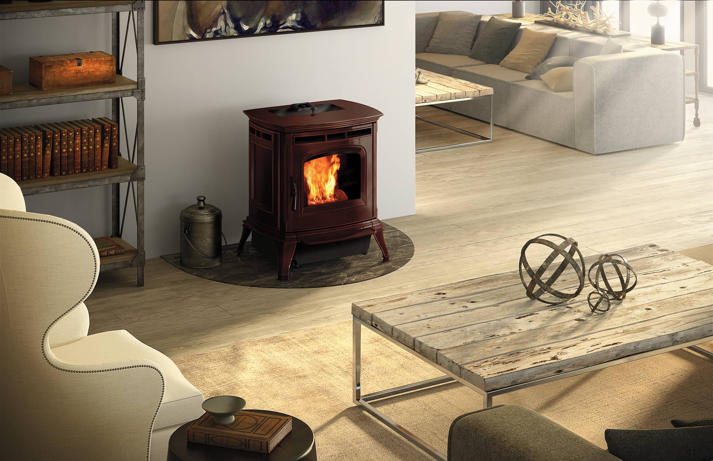 Freestanding Harman pellet stove with a bright flame, set in a modern living room with neutral furnishings, rustic wood coffee table, and soft ambient lighting