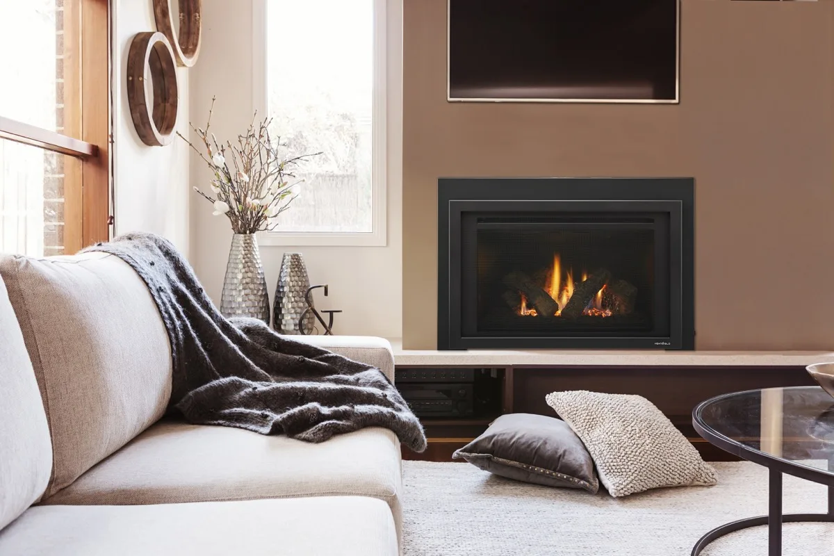 Heat & Glo Provident gas insert with a black firescreen and metal interior