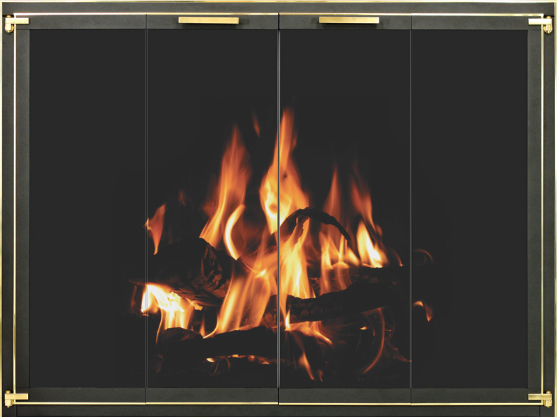 Stoll Industries fireplace glass doors with black finish and brass trim, showcasing a burning wood fire behind four-panel glass doors
